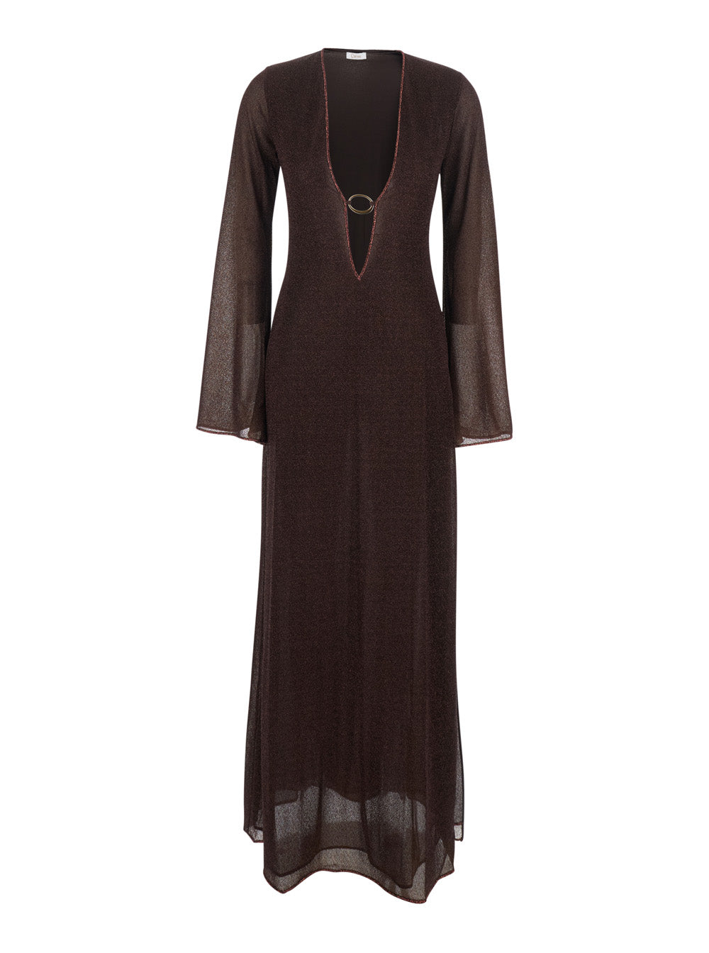 Caftan RLS261CHOCOLATE with Deep V-Neck and Semi-Transparent Design in Brown Fabric for Women Polyamide Metallic Fibre Beachwear