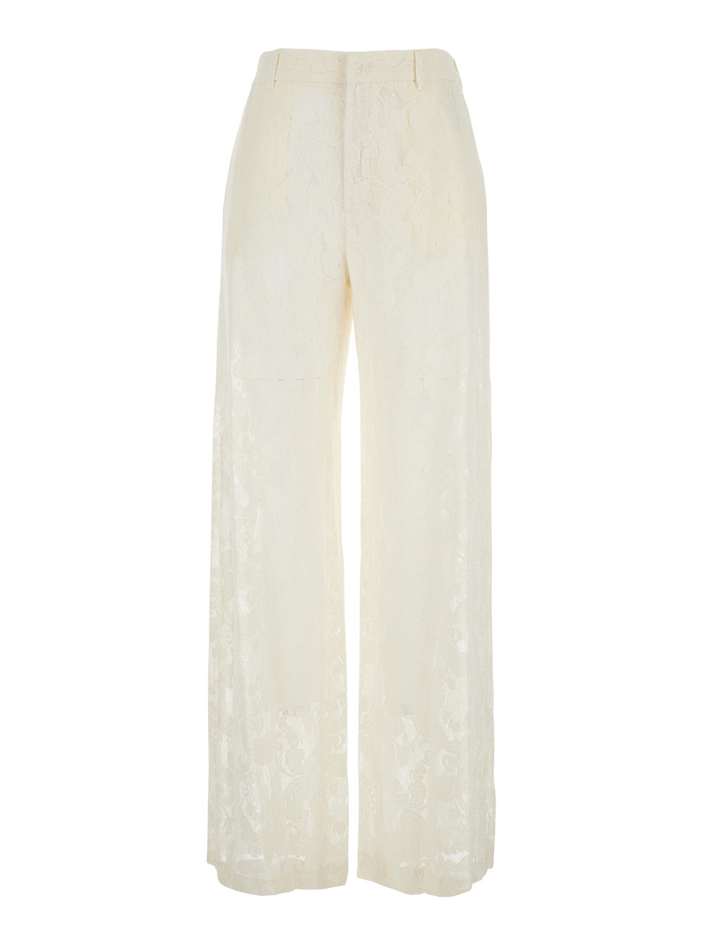 Lorenza Pants with Belt Loops and All-Over Lace Embroidery in White Cotton Blend for Women Polyamide Trousers