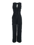 Black Jumpsuit With V-Neck And Long Sleeves Cupro Viscose For Women Jumpsuits