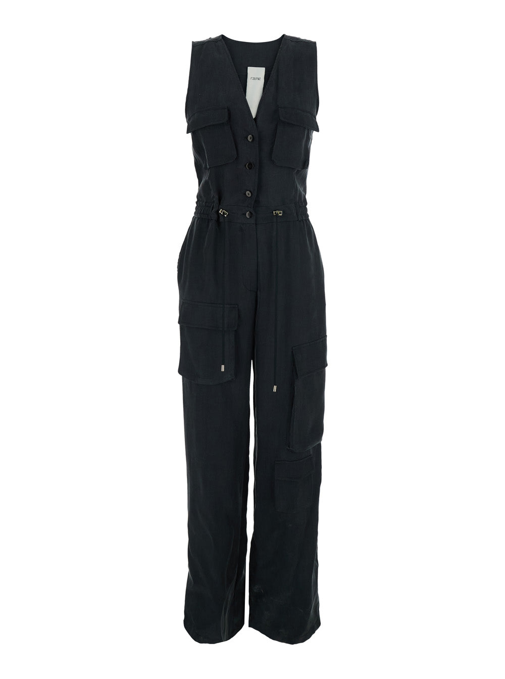 Black Jumpsuit With V-Neck And Long Sleeves Cupro Viscose For Women Jumpsuits
