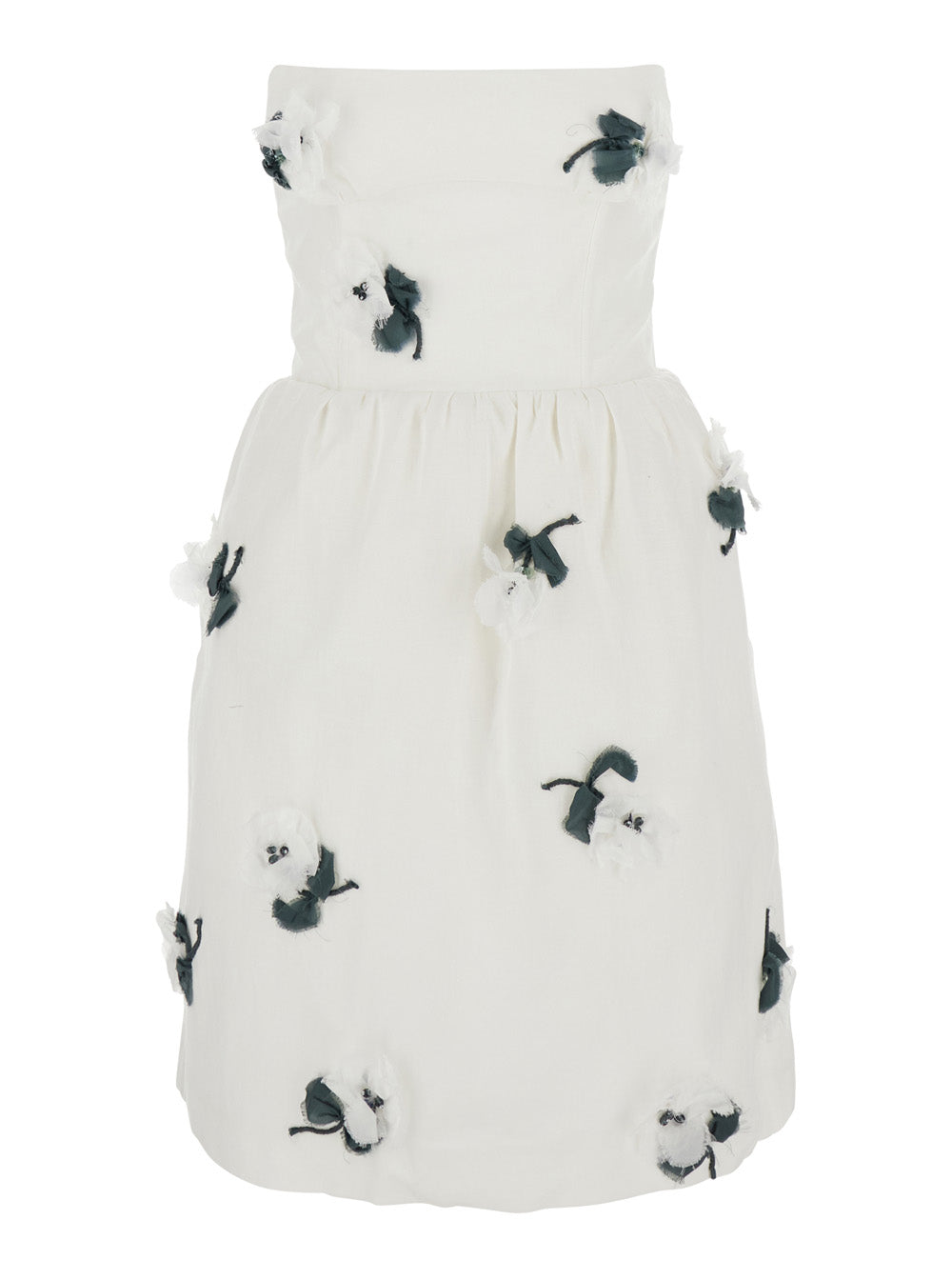 White Linen Strapless Floral Appliqué Dress For Women