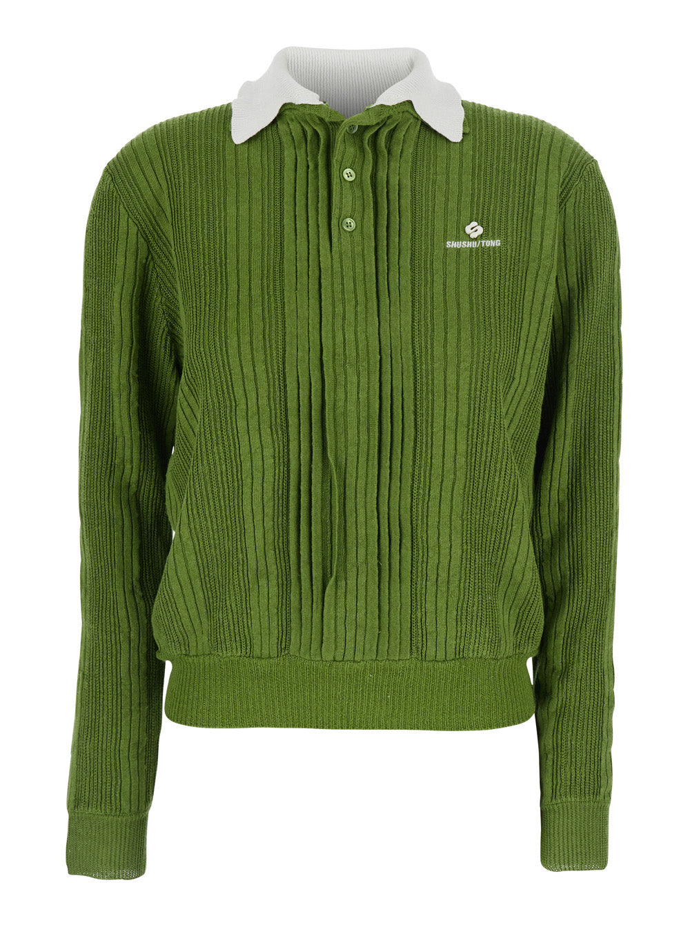 Contrast Collar Knit Pullover Green Linen Jersey