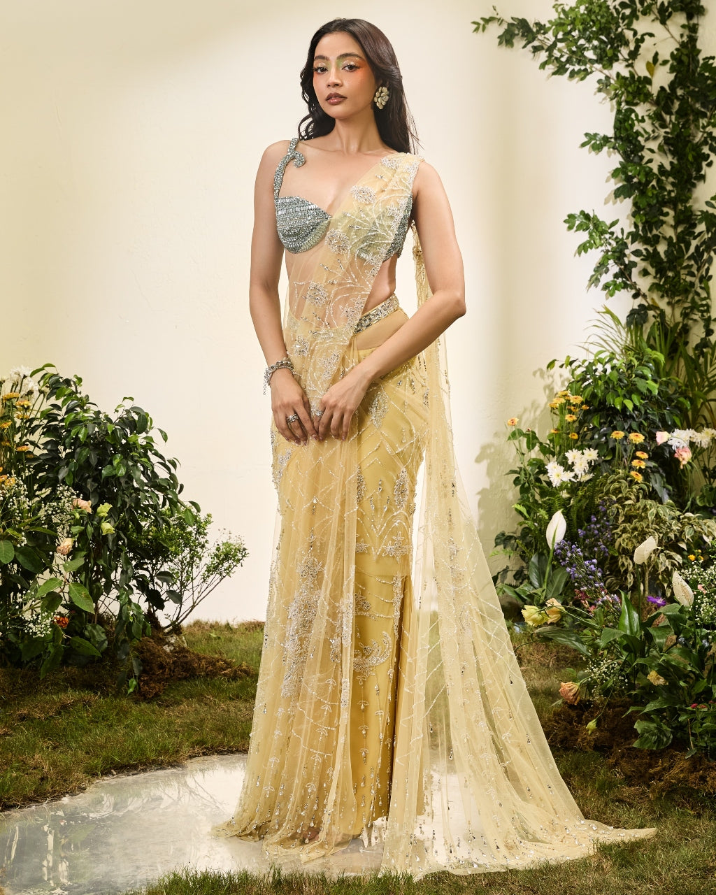 Lemon Yellow Prestitched Skirt Sari With Crystal Blouse By KYNAH, Luxury Indian Fashion & Bridal Wear
