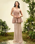 Pale Peach 3D Flower Peplum And Beaded Slit Skirt By KYNAH, Luxury Indian Fashion & Bridal Wear