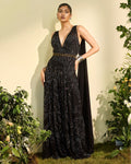 Black Hand Embroidered Jumpsuit With Cowl Back By KYNAH, Luxury Indian Fashion & Bridal Wear