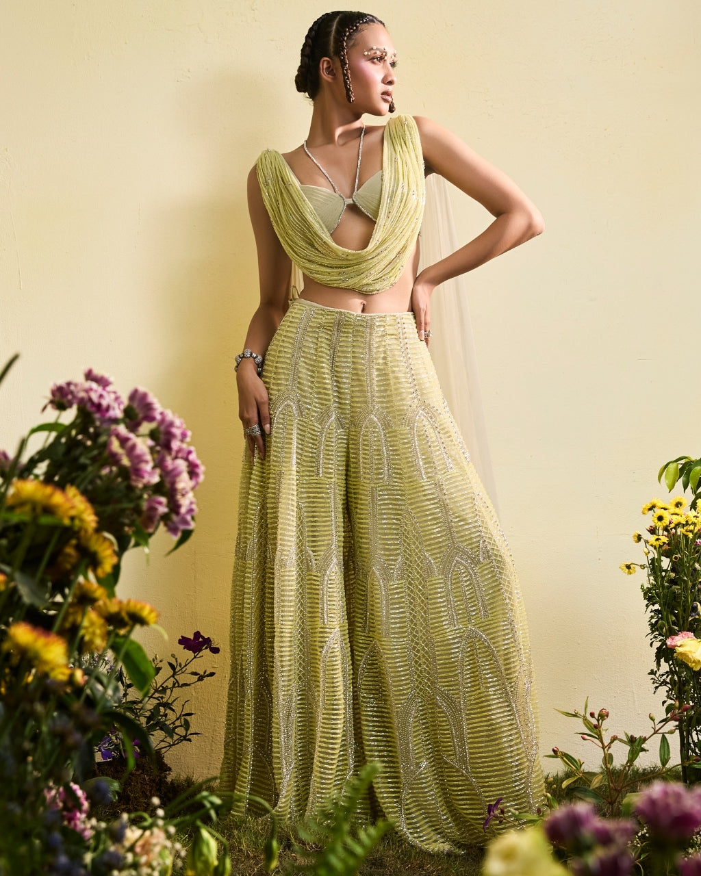 Mindaro Green Beaded Sharara With Cowl Blouse By KYNAH, Luxury Indian Fashion & Bridal Wear