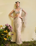Nude Lace Draped Pre-stitched Sari With Beaded blouse By KYNAH, Luxury Indian Fashion & Bridal Wear