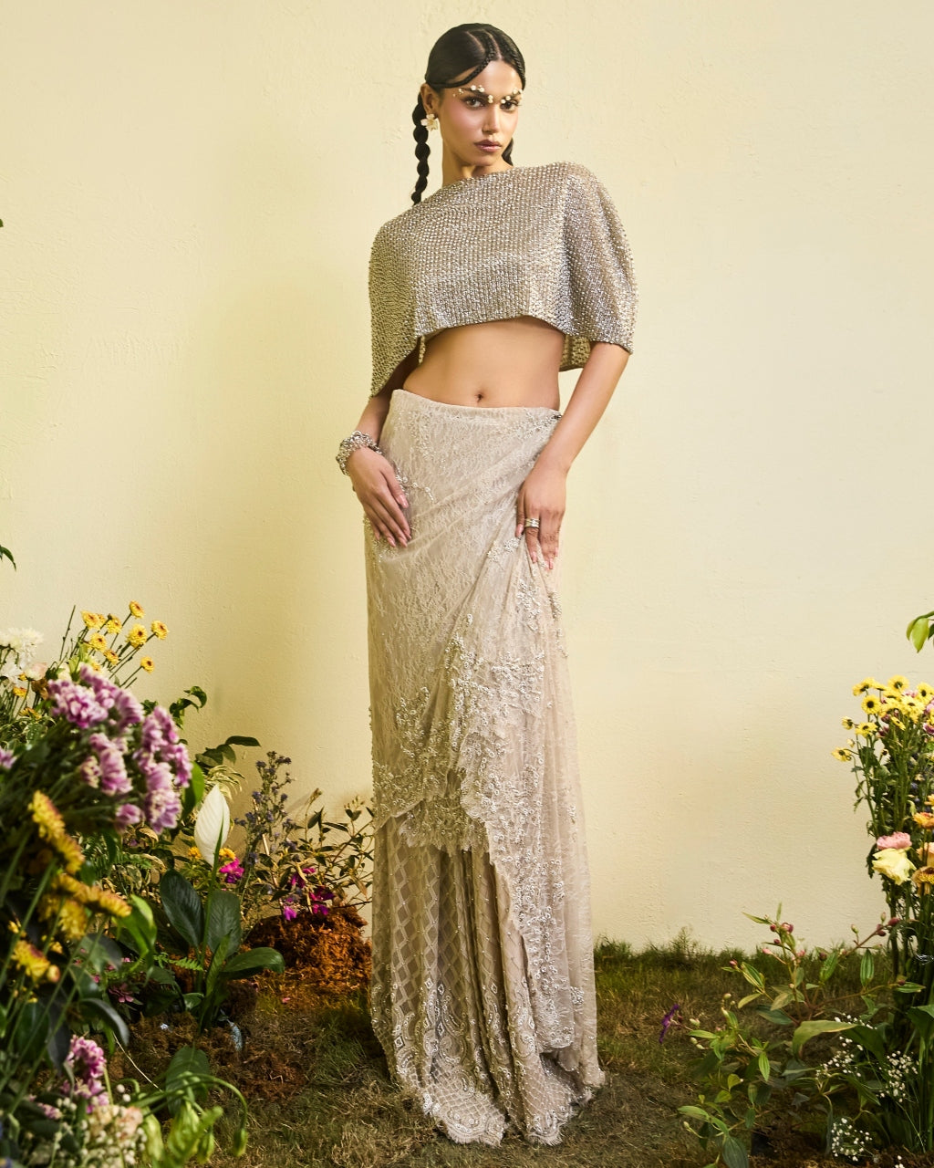 Nude Lace Draped Skirt With Embellished Cape By KYNAH, Luxury Indian Fashion & Bridal Wear
