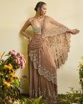 Coffee Brown Lace Pre-stitched Sari With Detachable Drape And Crystal Blouse By KYNAH, Luxury Indian Fashion & Bridal Wear