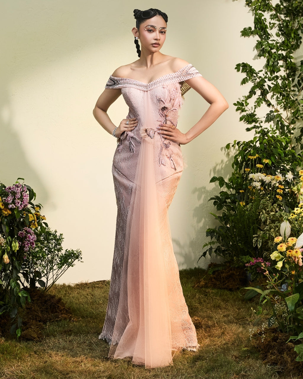 Blush Pink Lace Peplum With Skirt By KYNAH, Luxury Indian Fashion & Bridal Wear