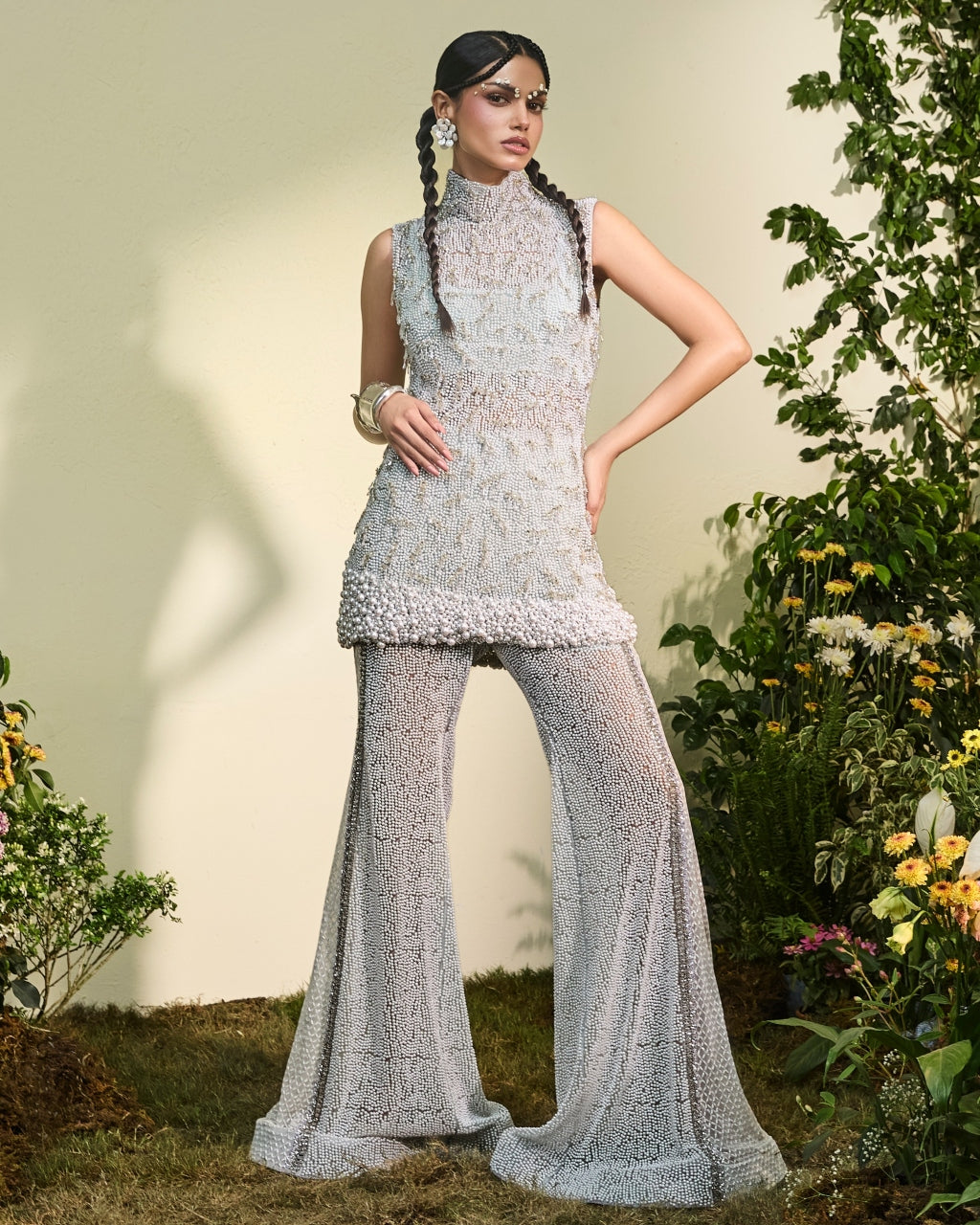 Powder Blue Pearl Embellished Co-Ord Set By KYNAH, Luxury Indian Fashion & Bridal Wear