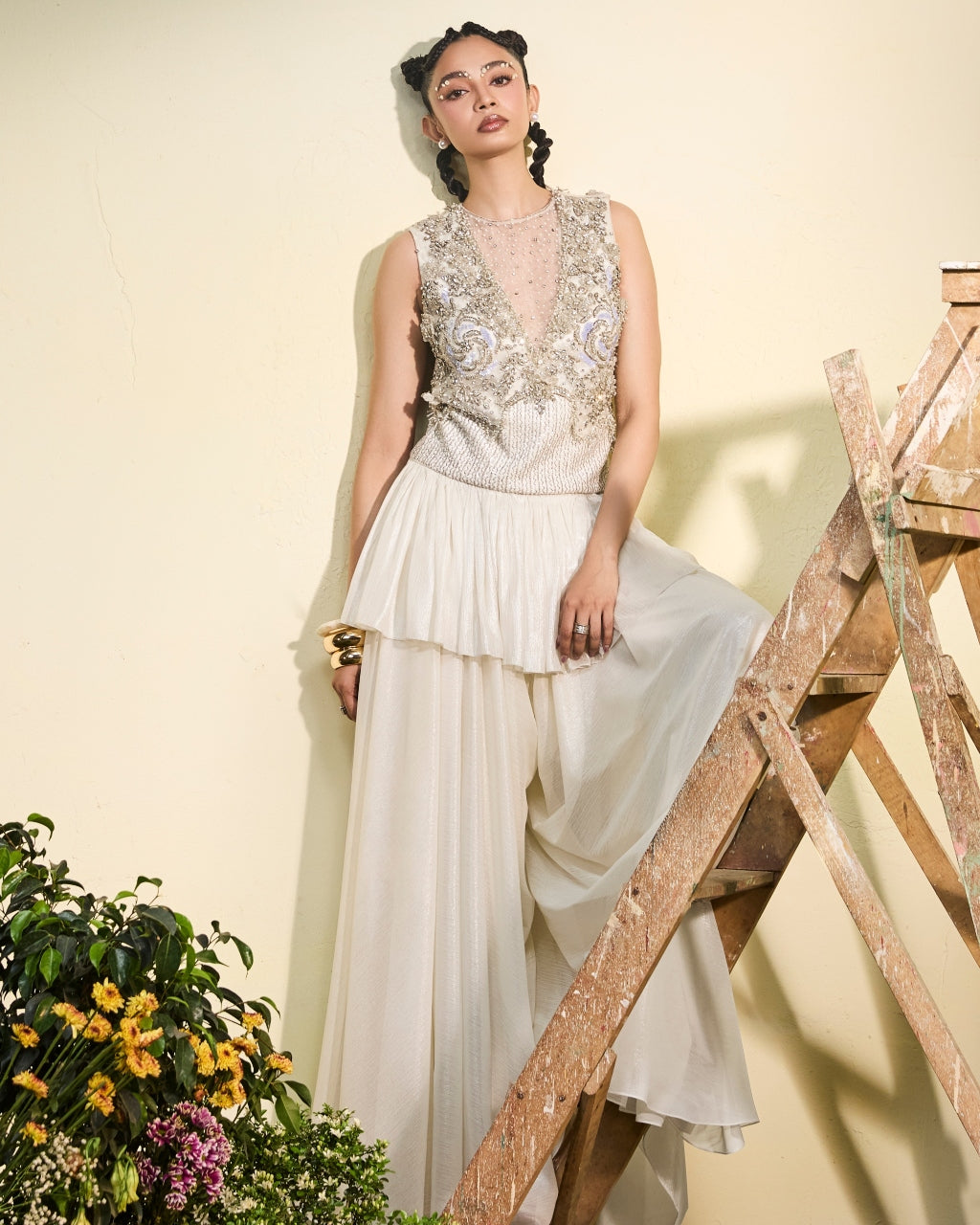 Ivory Chiffon Tunic With Wide Legged Pants By KYNAH, Luxury Indian Fashion & Bridal Wear