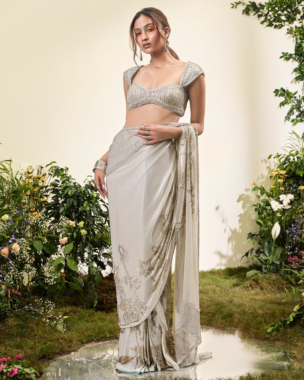 Ivory Chiffon Pre Stitched Chiffon Sari With Beaded Blouse By KYNAH, Luxury Indian Fashion & Bridal Wear