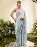 Powder Blue Chiffon Pant Sari With Beaded Blouse By KYNAH, Luxury Indian Fashion & Bridal Wear