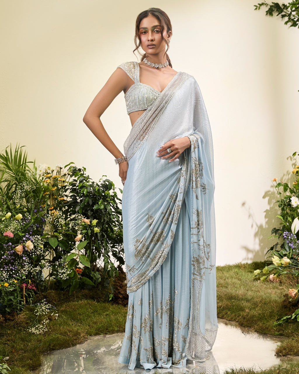 Powder Blue Chiffon Pant Sari With Beaded Blouse By KYNAH, Luxury Indian Fashion & Bridal Wear