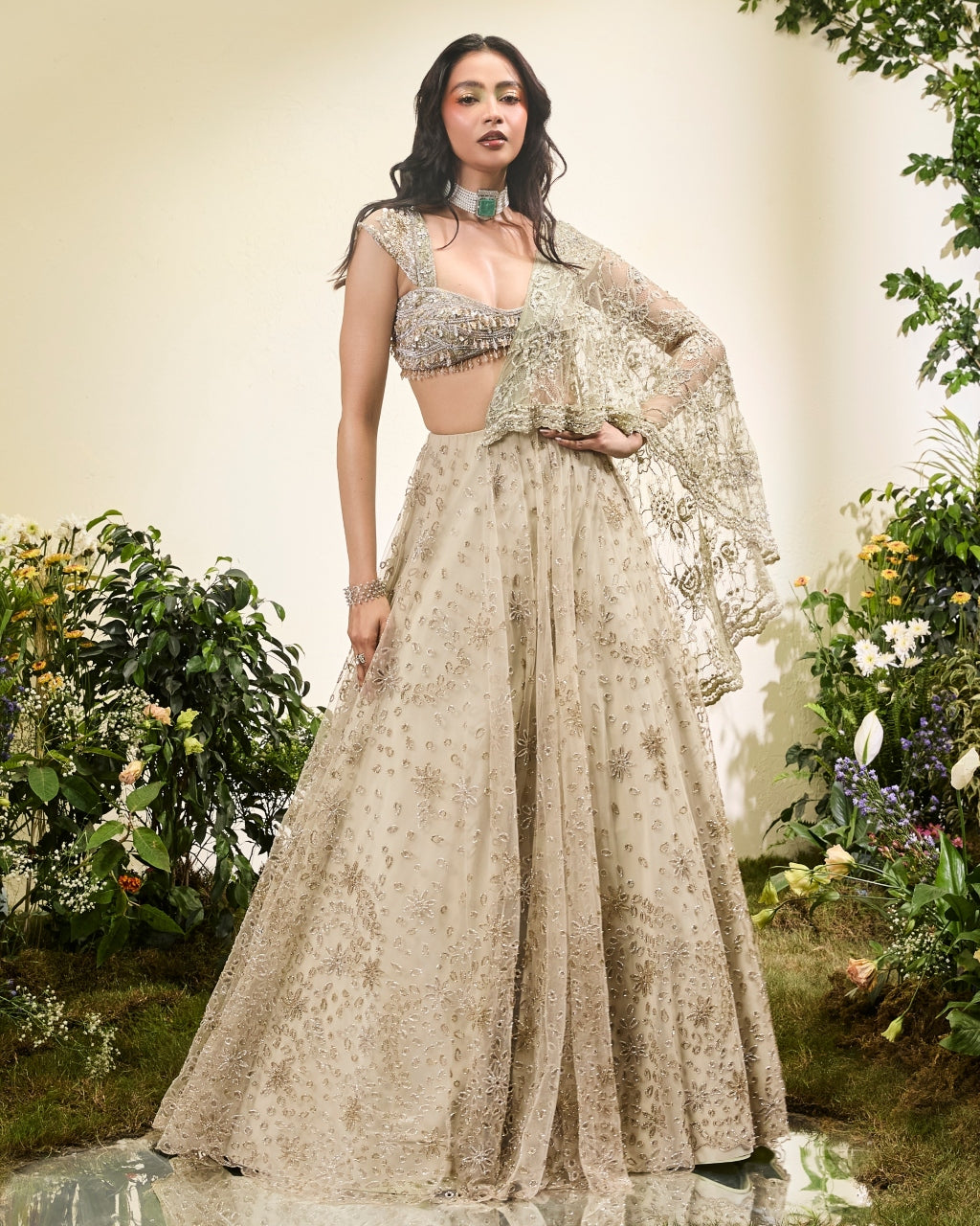 Mint Green Cutwork Lehenga Sari With Lace Aanchal Beaded Blouse By KYNAH, Luxury Indian Fashion & Bridal Wear
