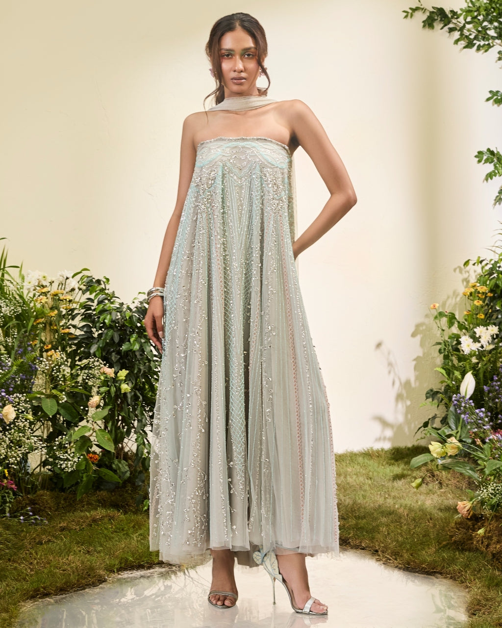 Multicolour Embellished Dress With Stole By KYNAH, Luxury Indian Fashion & Bridal Wear