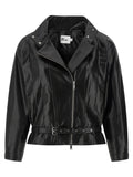 Self-Portrait Pleated Leather-Effect Biker Jacket — Black