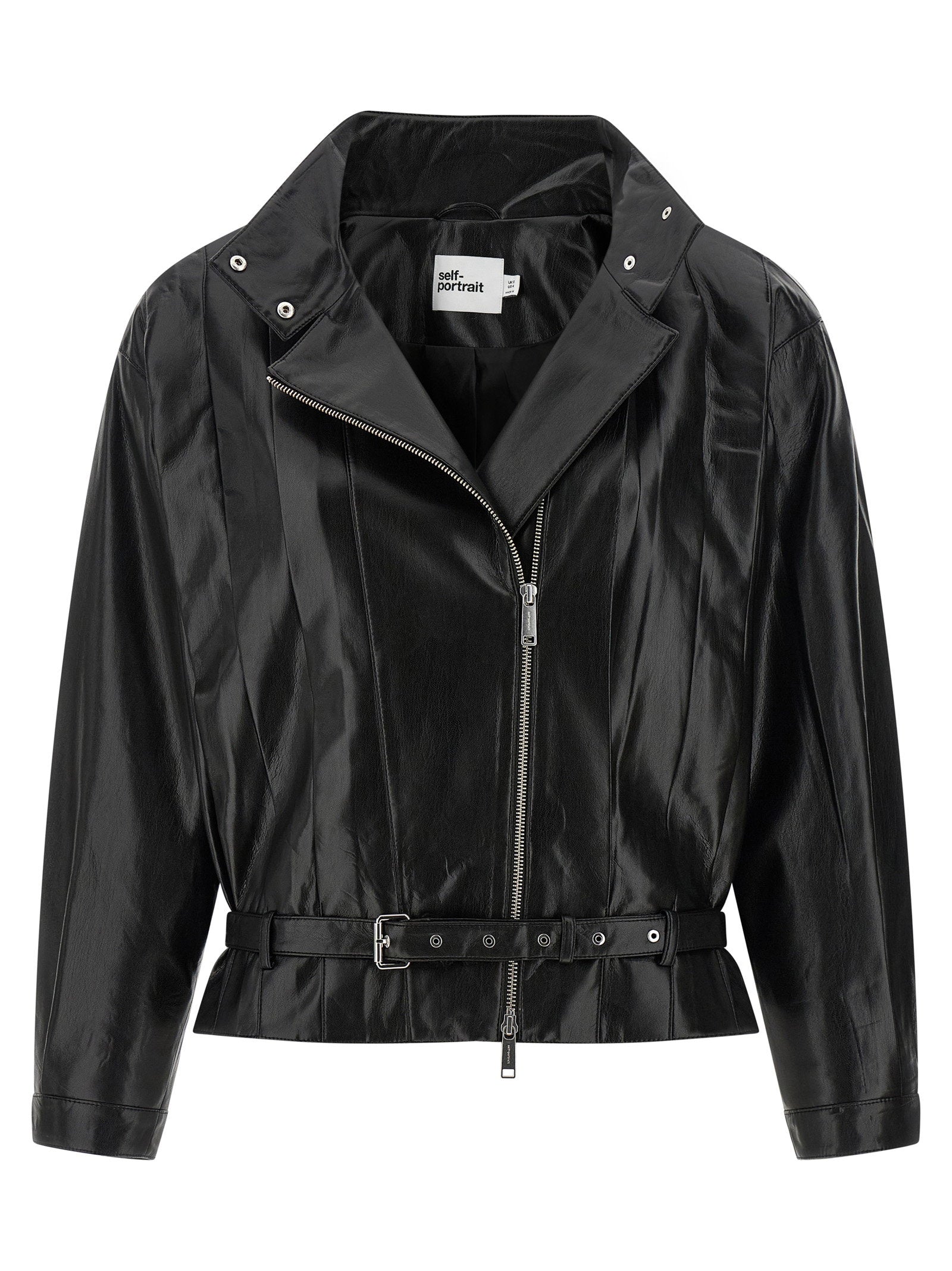 Self-Portrait Pleated Leather-Effect Biker Jacket — Black