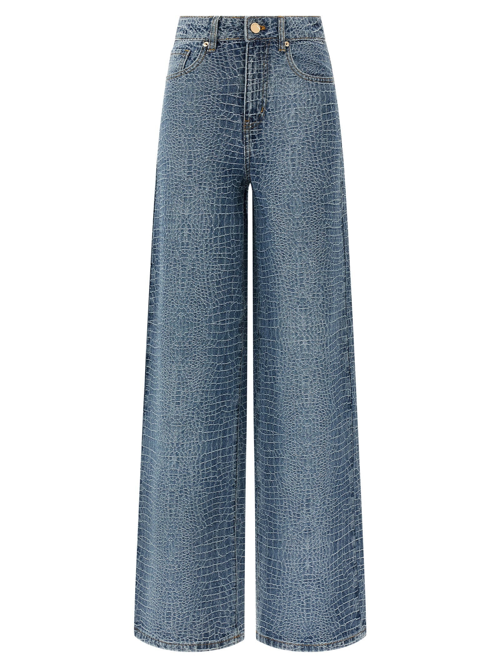 Self-Portrait Rhinestone & Croc-Effect Jeans — Blue