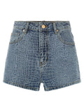 Self-Portrait Rhinestone-Embellished Croc Effect Denim Shorts — Blue