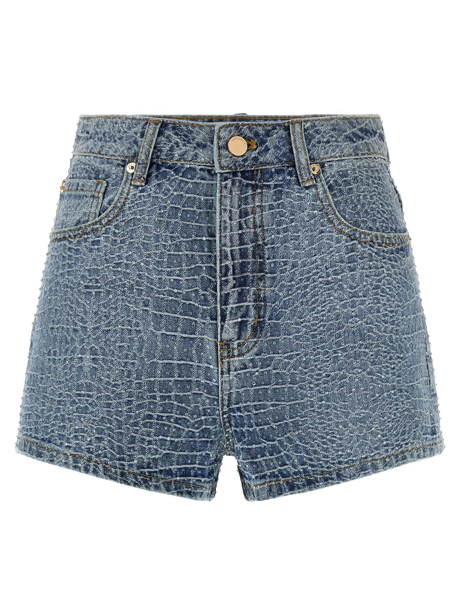 Self-Portrait Rhinestone-Embellished Croc Effect Denim Shorts — Blue