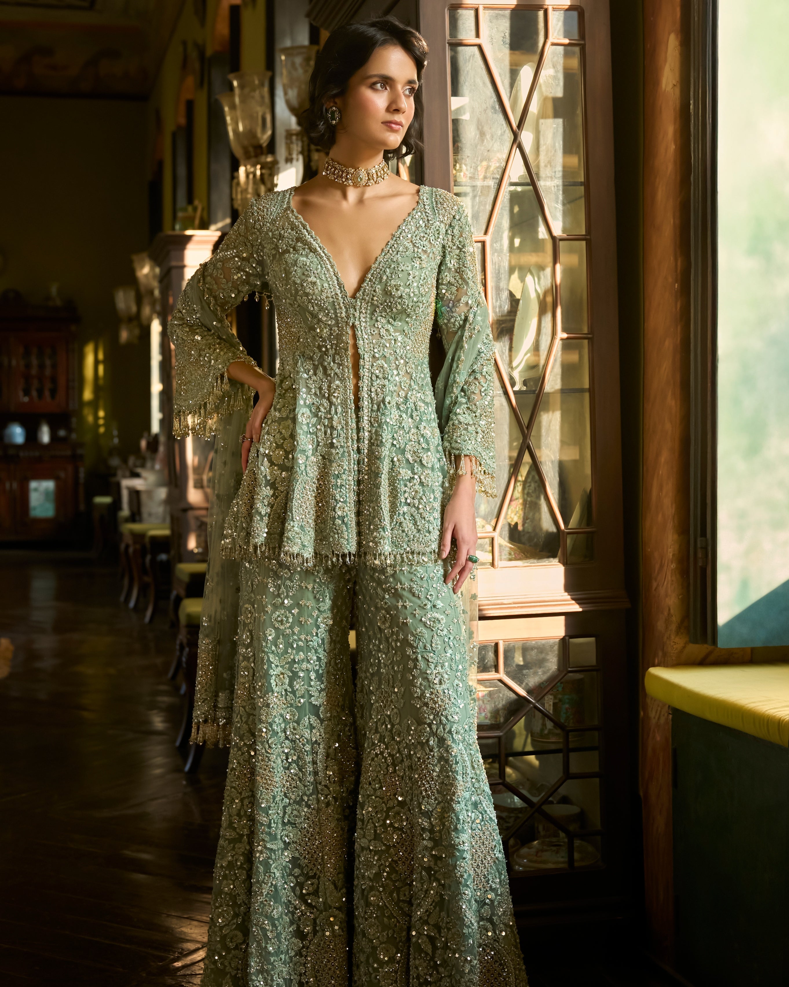 Sage Green Sharara Set By KYNAH, Luxury Indian Fashion & Bridal Wear
