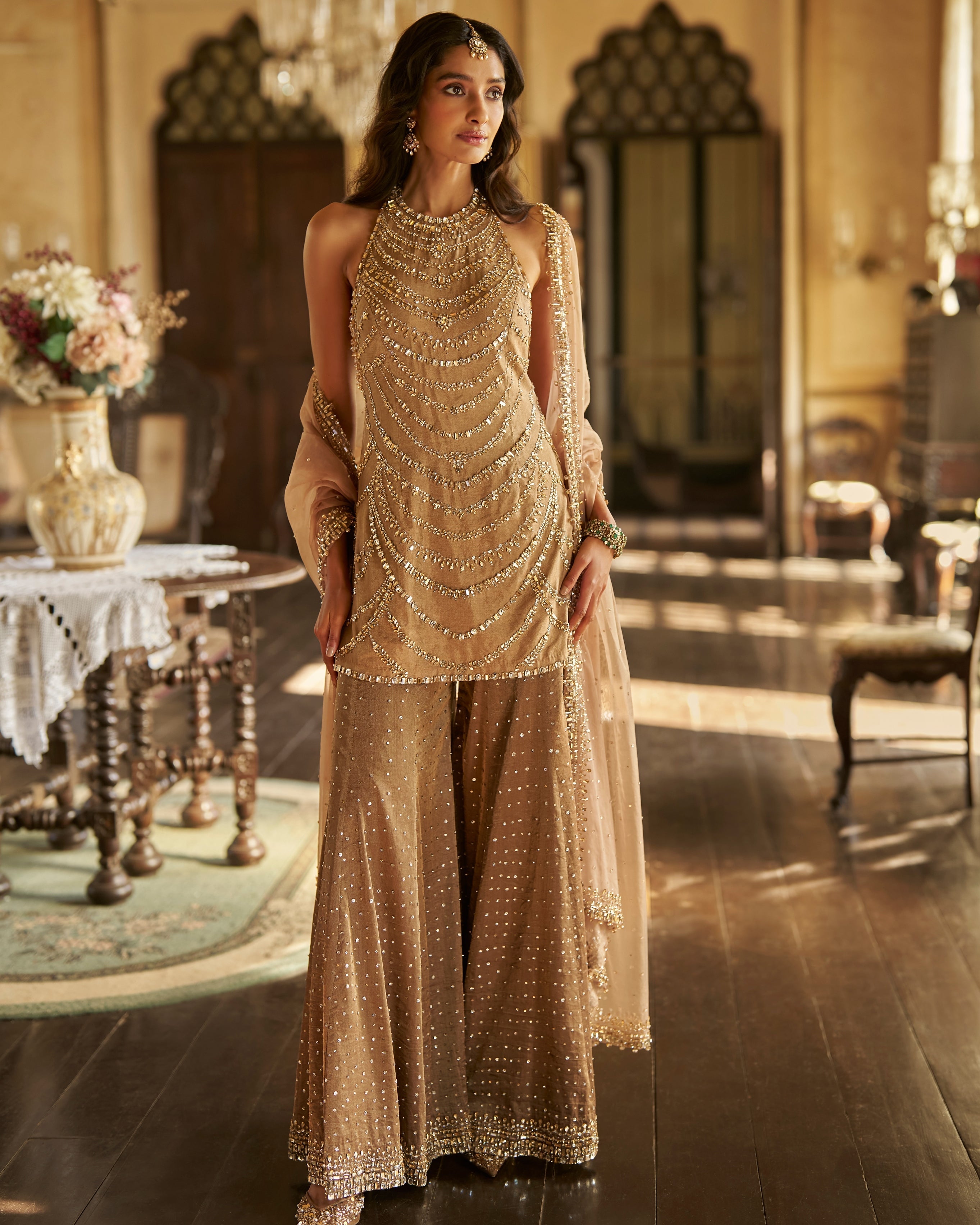 Caramel Crystal Sharara Set By KYNAH, Luxury Indian Fashion & Bridal Wear