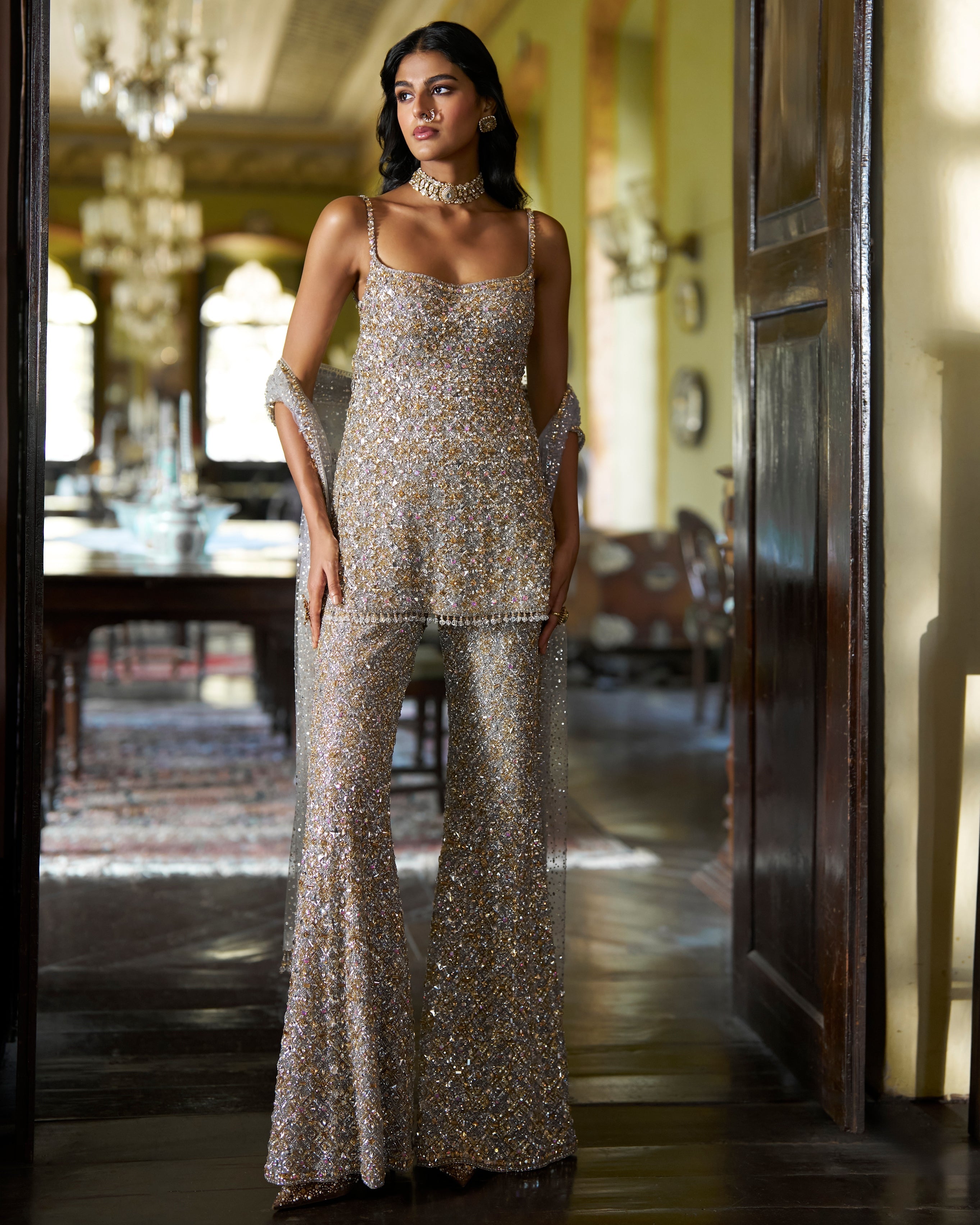 Silver Gold Crystal Pant Set By KYNAH, Luxury Indian Fashion & Bridal Wear