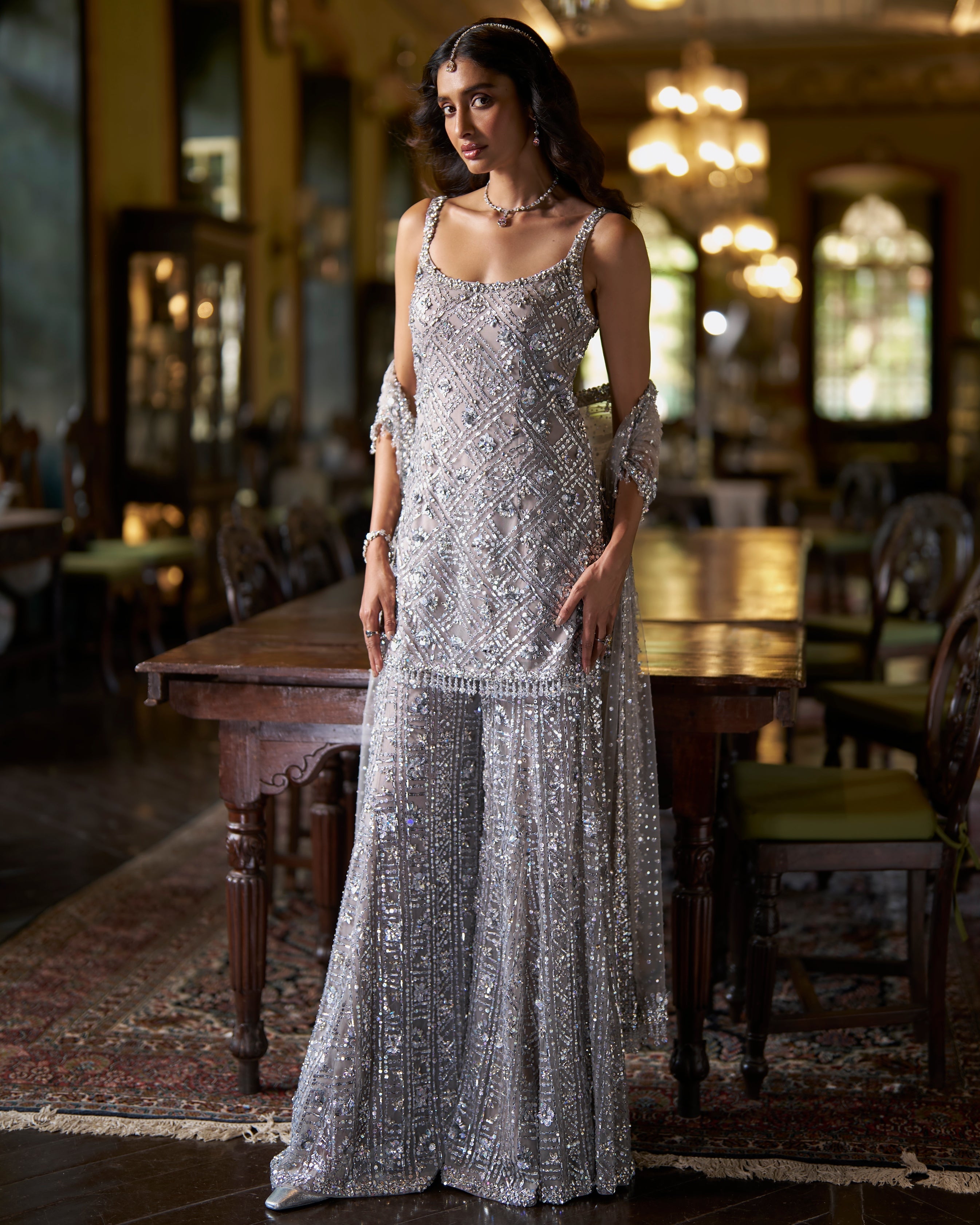 Silver Sequin Sharara Set By KYNAH, Luxury Indian Fashion & Bridal Wear