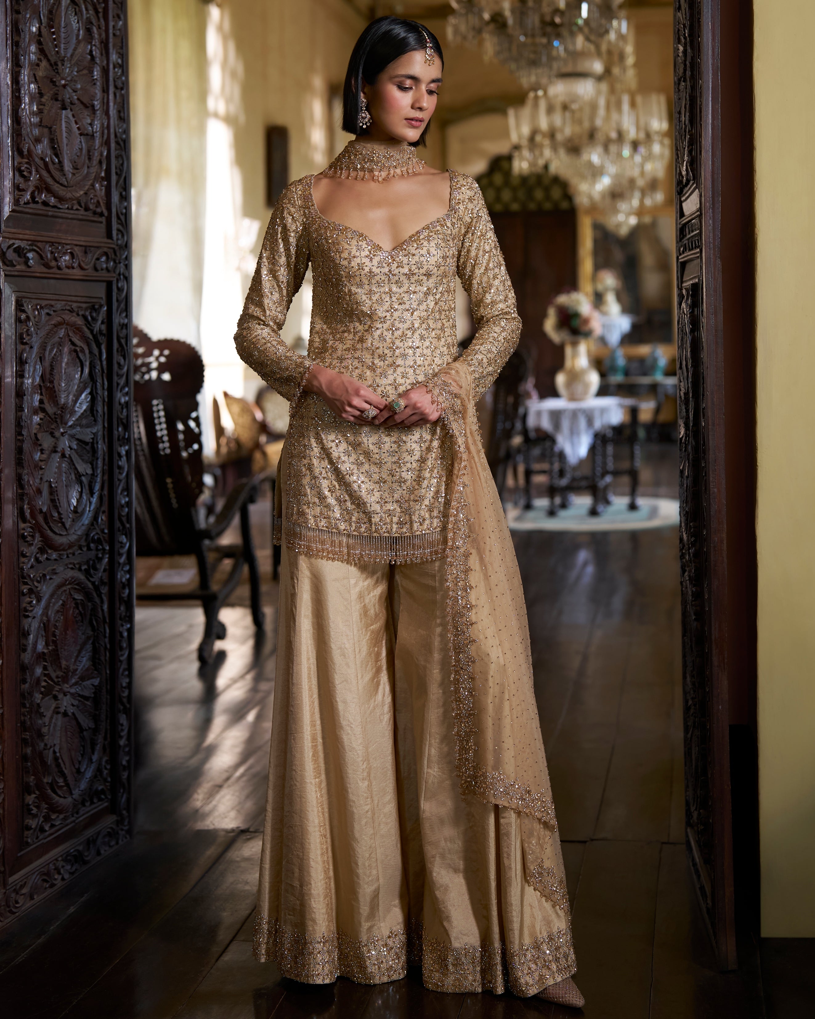 Gold Crystal Sharara Set By KYNAH, Luxury Indian Fashion & Bridal Wear