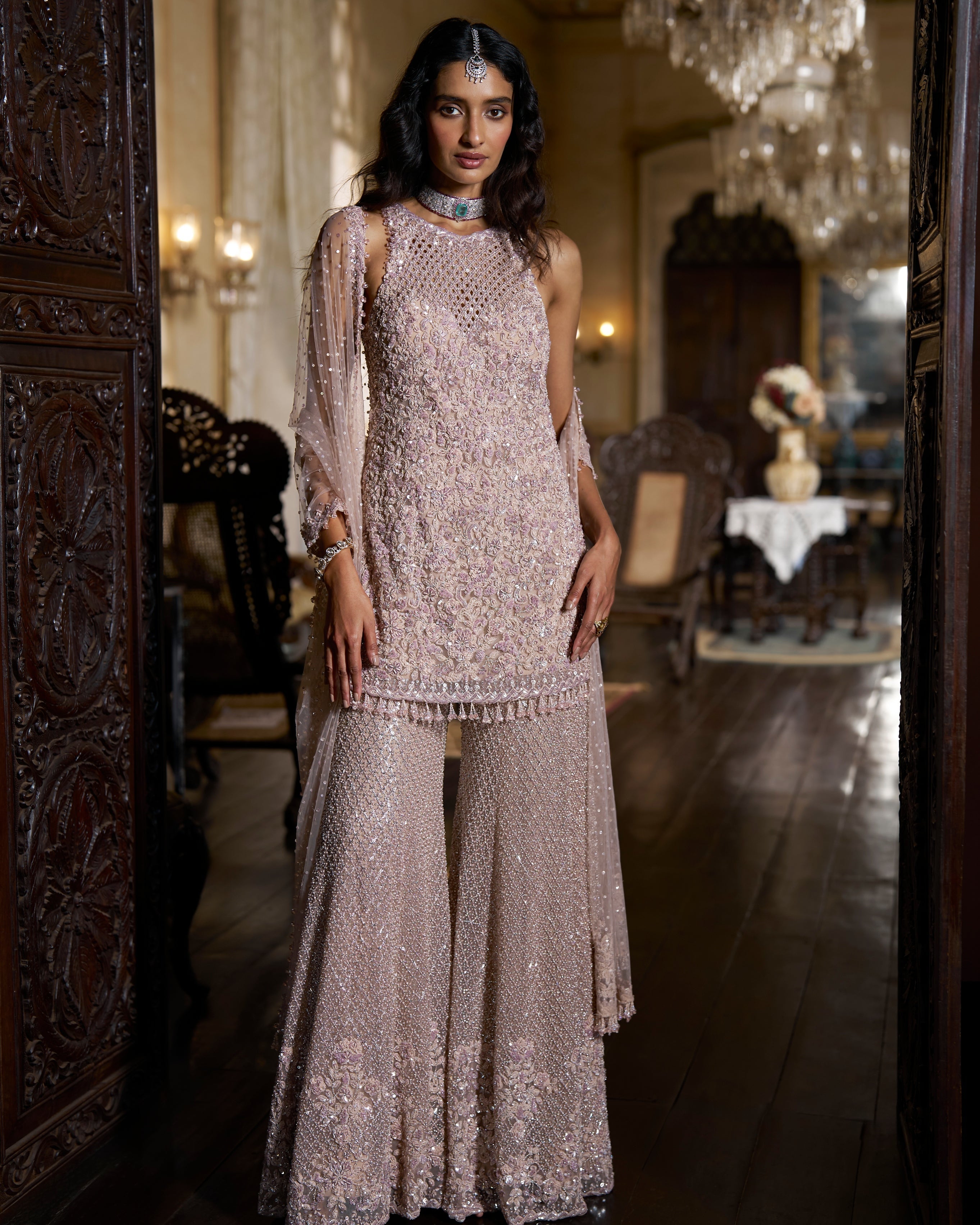 Mauve Sequin Sharara Set By KYNAH, Luxury Indian Fashion & Bridal Wear
