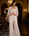 White Sequin Open Jacket - Sharara Pant Set By KYNAH, Luxury Indian Fashion & Bridal Wear