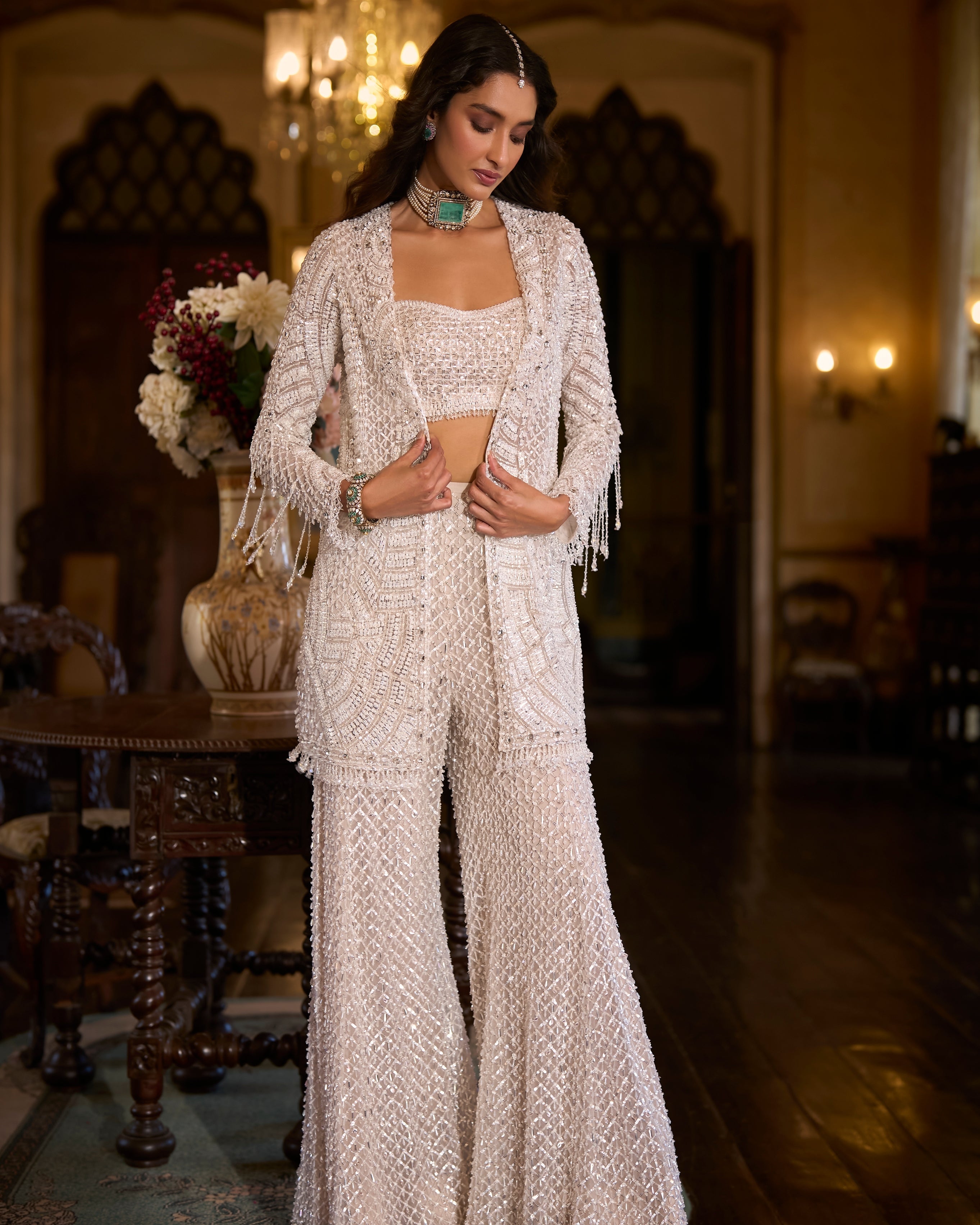 White Sequin Open Jacket - Sharara Pant Set By KYNAH, Luxury Indian Fashion & Bridal Wear