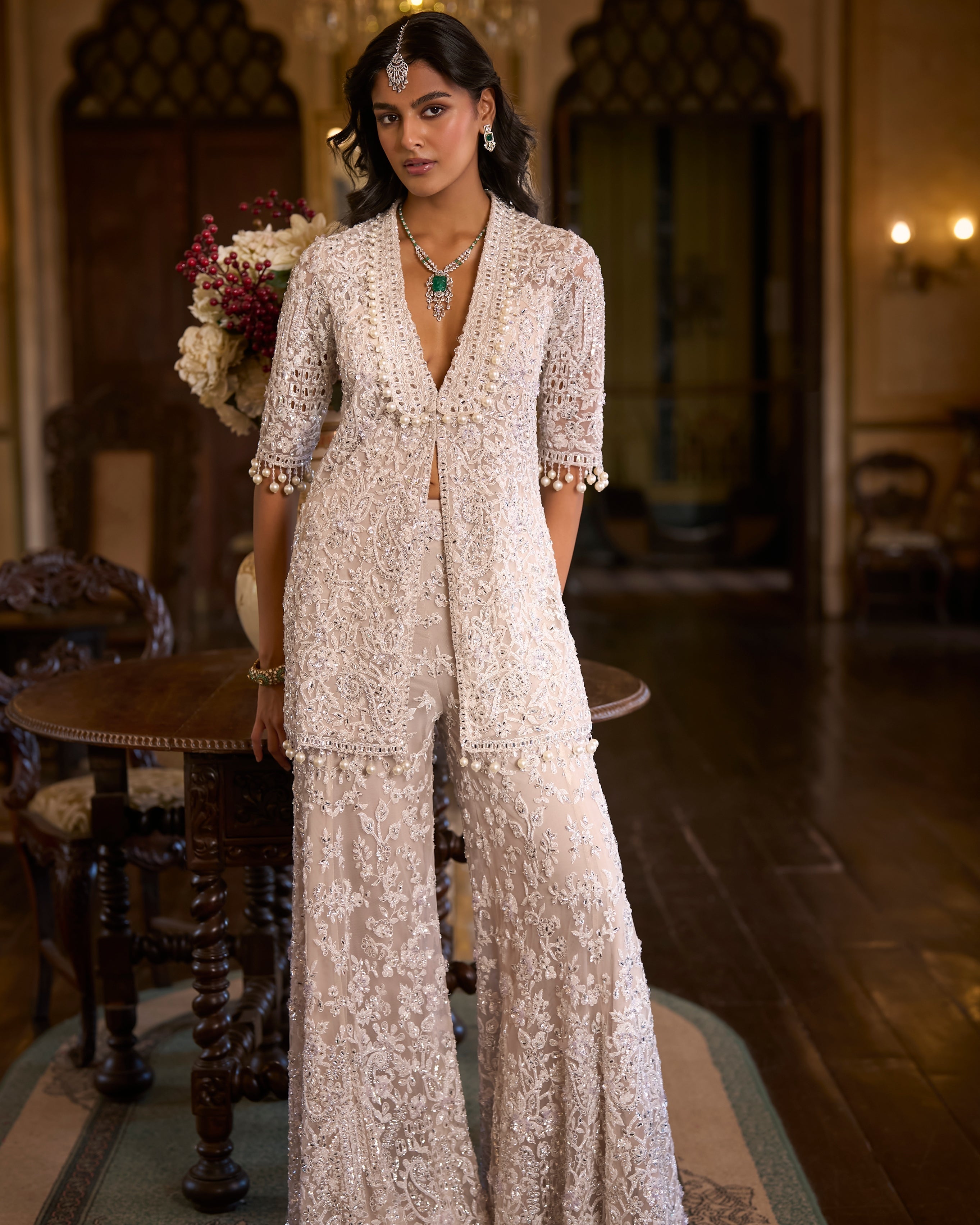 White Sequin Jacket Sharara Pant Set By KYNAH, Luxury Indian Fashion & Bridal Wear