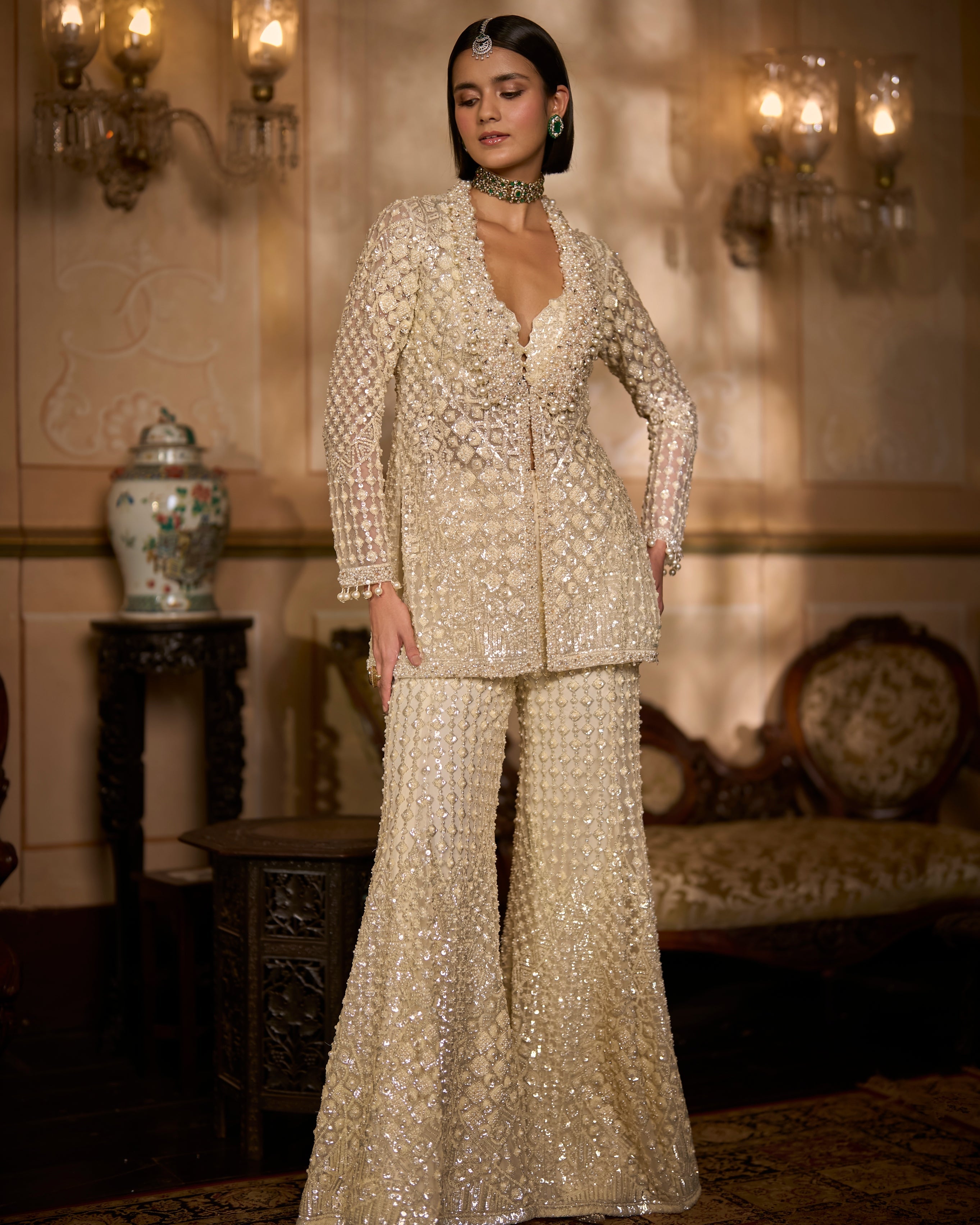 Cream Open Jacket Sharara - Pant Set By KYNAH, Luxury Indian Fashion & Bridal Wear
