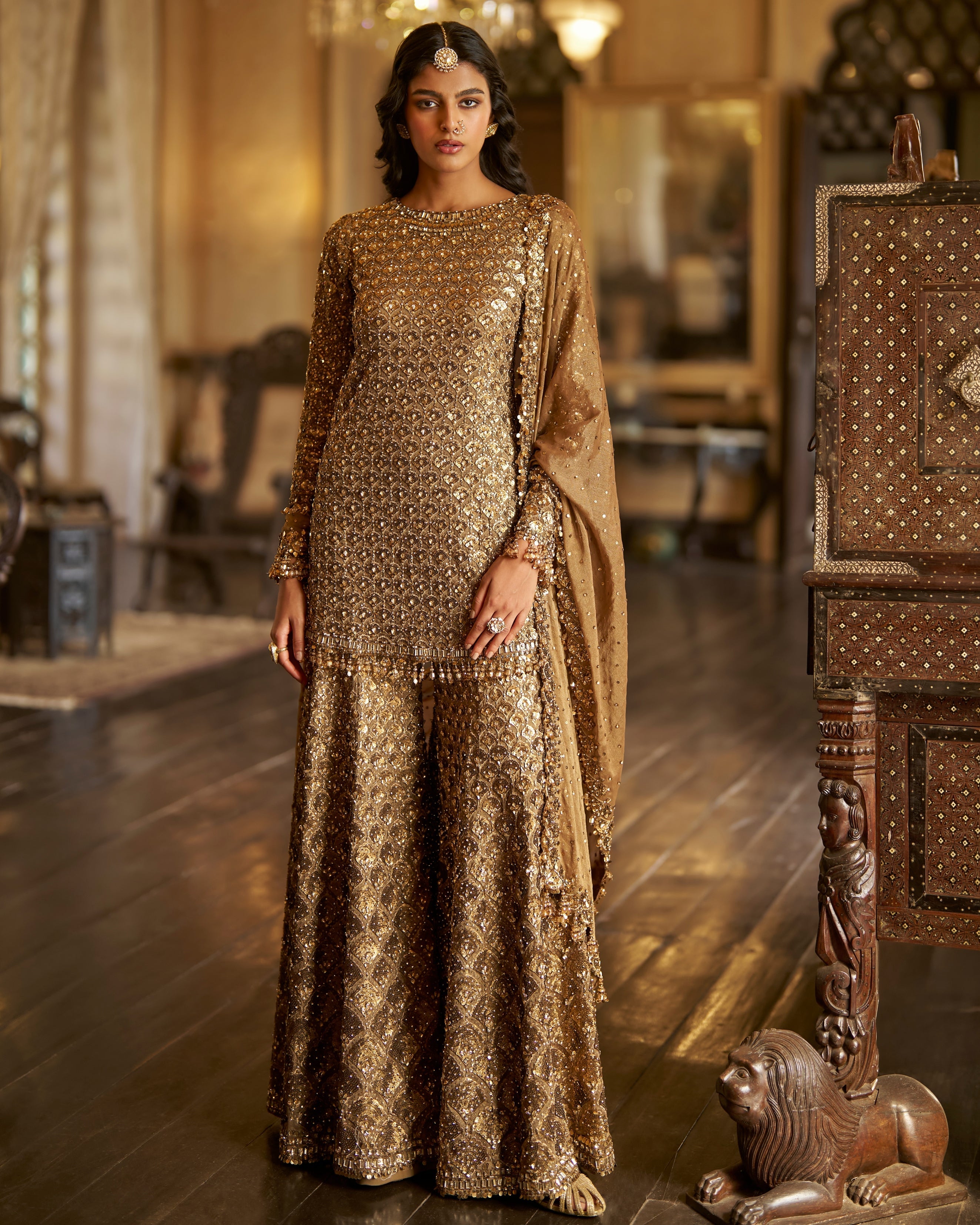 Antique Gold Sequin Sharara Set By KYNAH, Luxury Indian Fashion & Bridal Wear