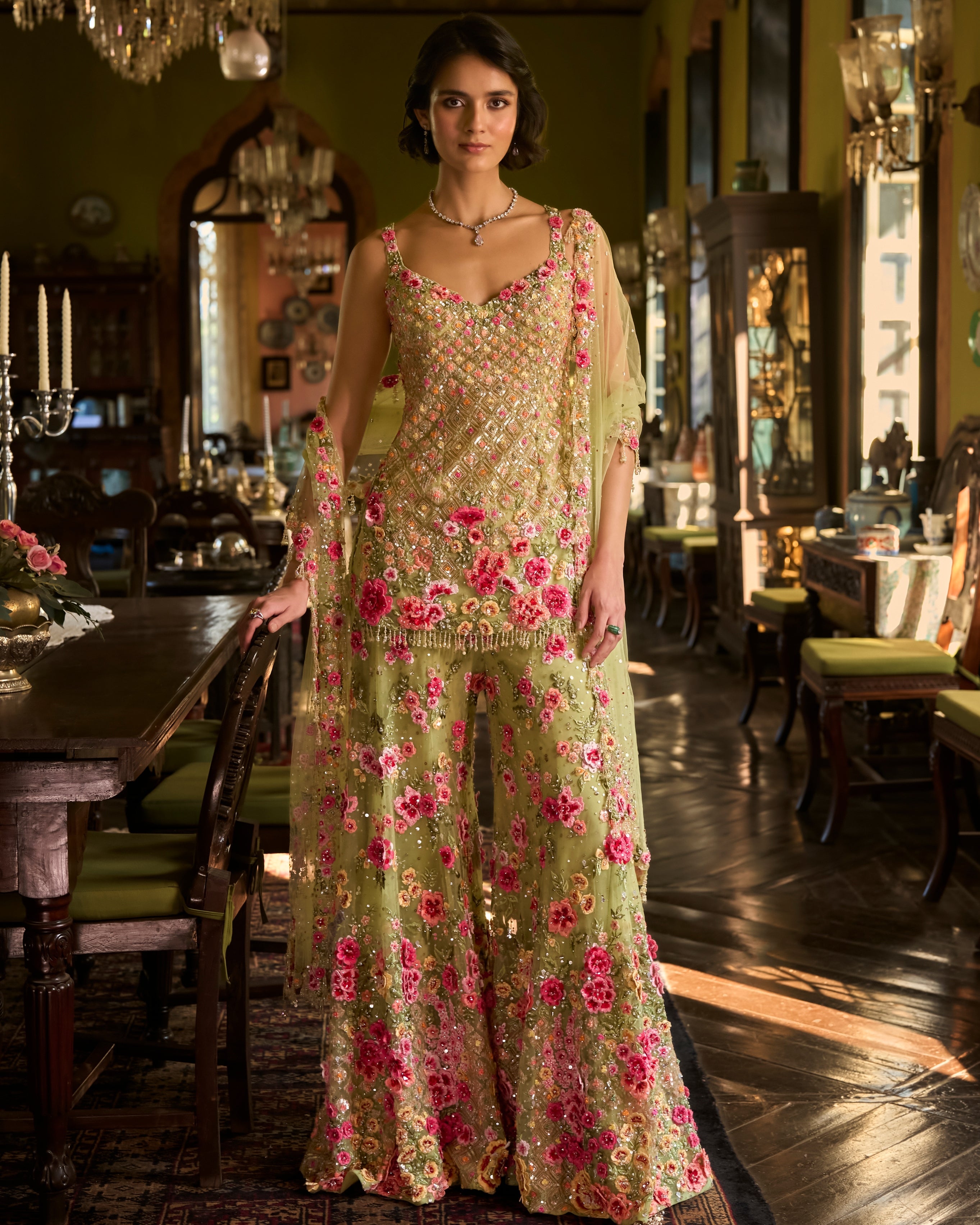 Leaf Green Three-Dimensional Sharara Set By KYNAH, Luxury Indian Fashion & Bridal Wear