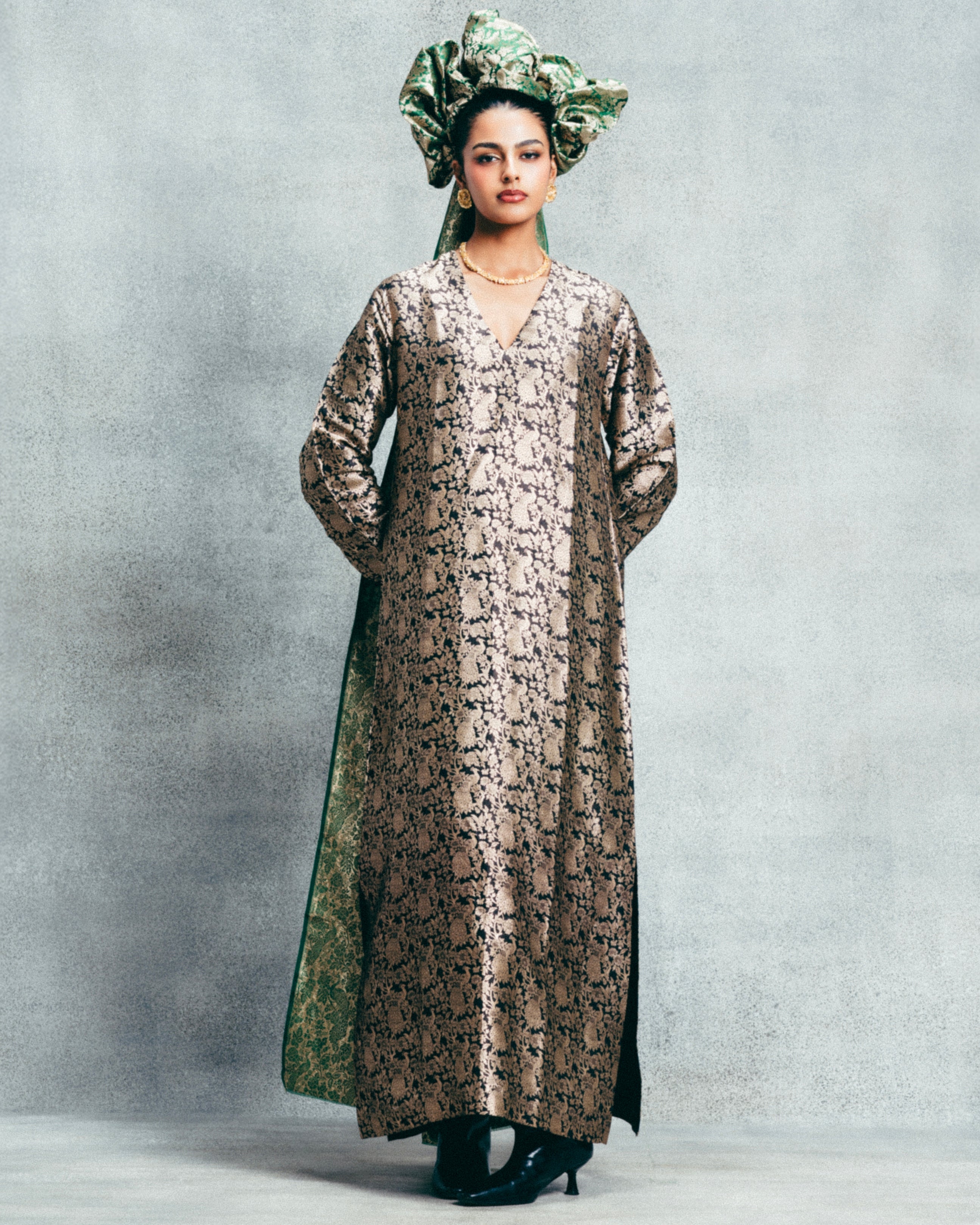 Handwoven Black & Gold Banarasi Kaftan By KYNAH, Luxury Indian Fashion & Bridal Wear