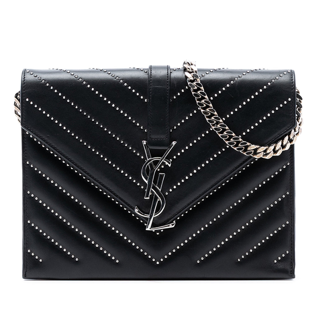 Studded Chevron Calfskin Monogram Envelope Chain Flap