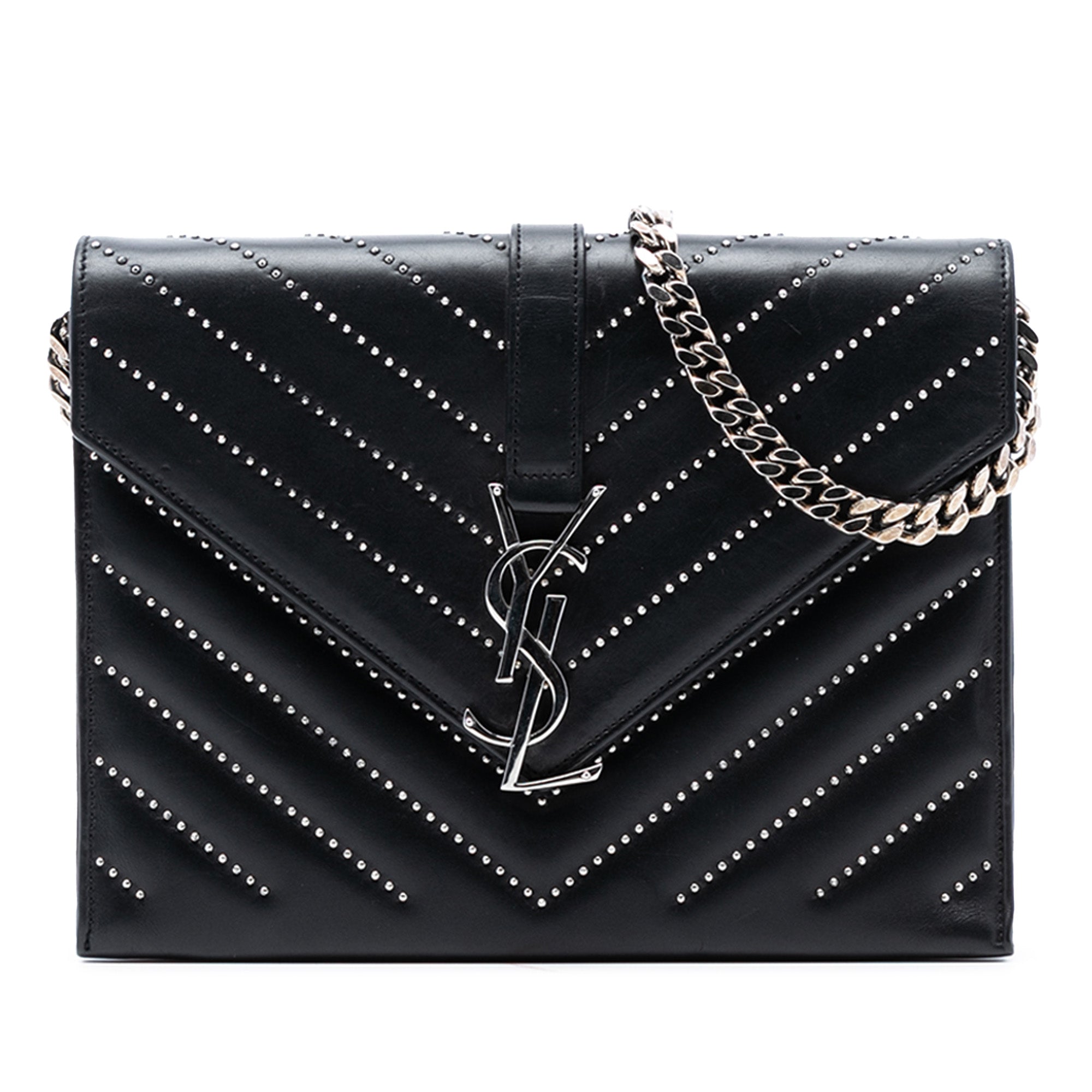 Studded Chevron Calfskin Monogram Envelope Chain Flap