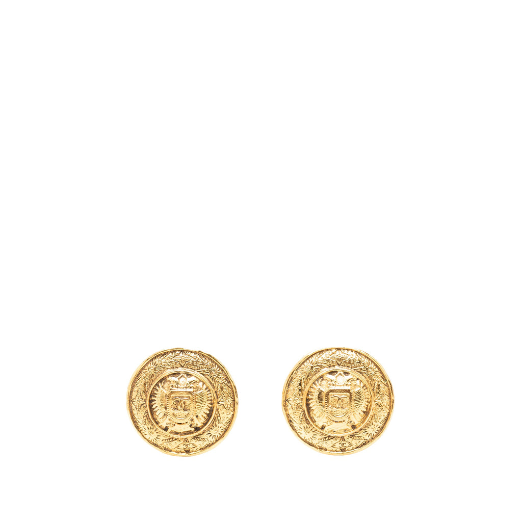 CC Gold Plated Crest Round Clip On Earrings