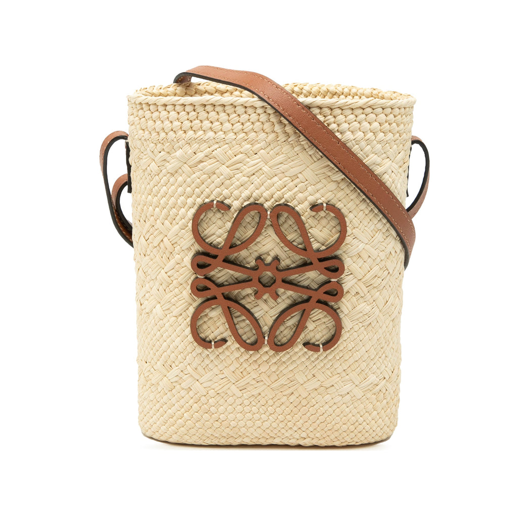 Paulas Ibiza Raffia Anagram Square Pocket Bucket Bag