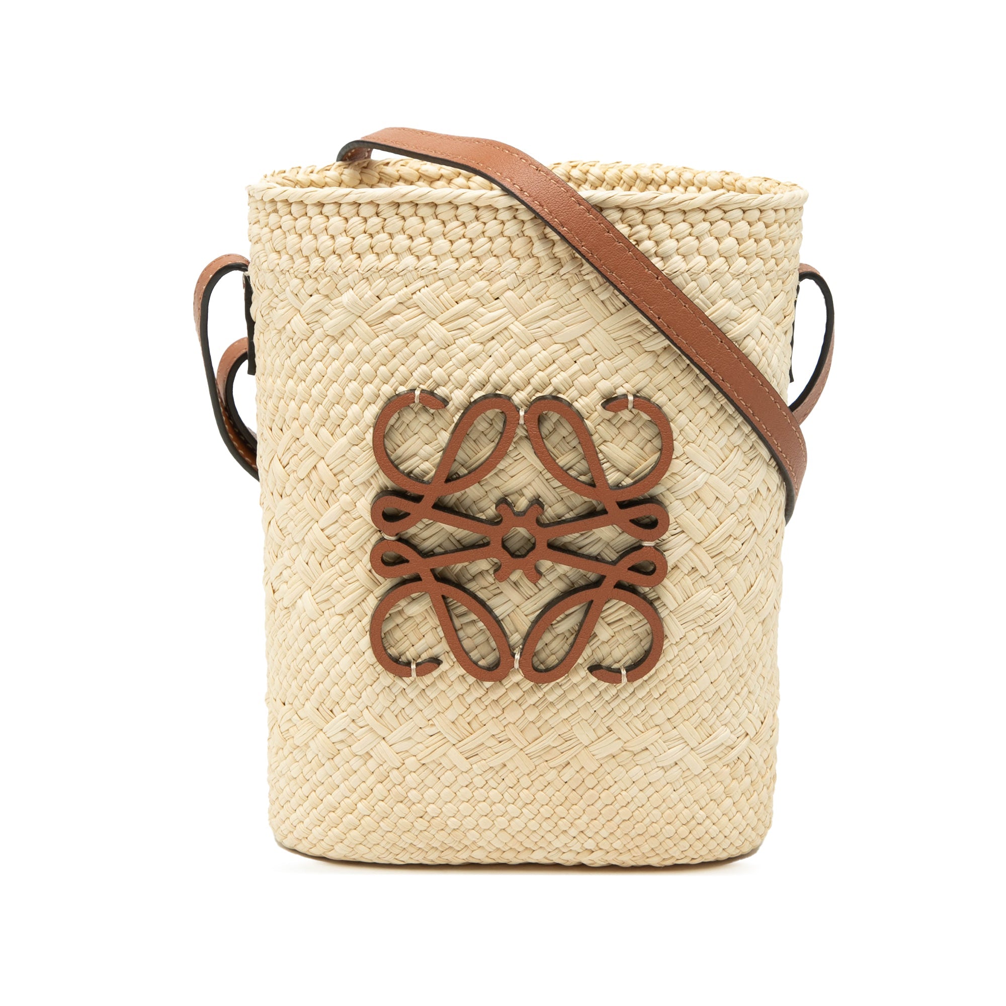 Paulas Ibiza Raffia Anagram Square Pocket Bucket Bag