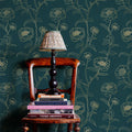 Gold Line Floral Green Wallpaper