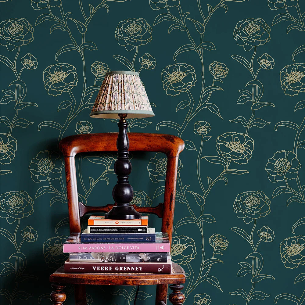 Gold Line Floral Green Wallpaper
