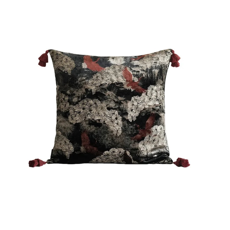 Scarlet Crane Velvet Embroidered Throw Pillow