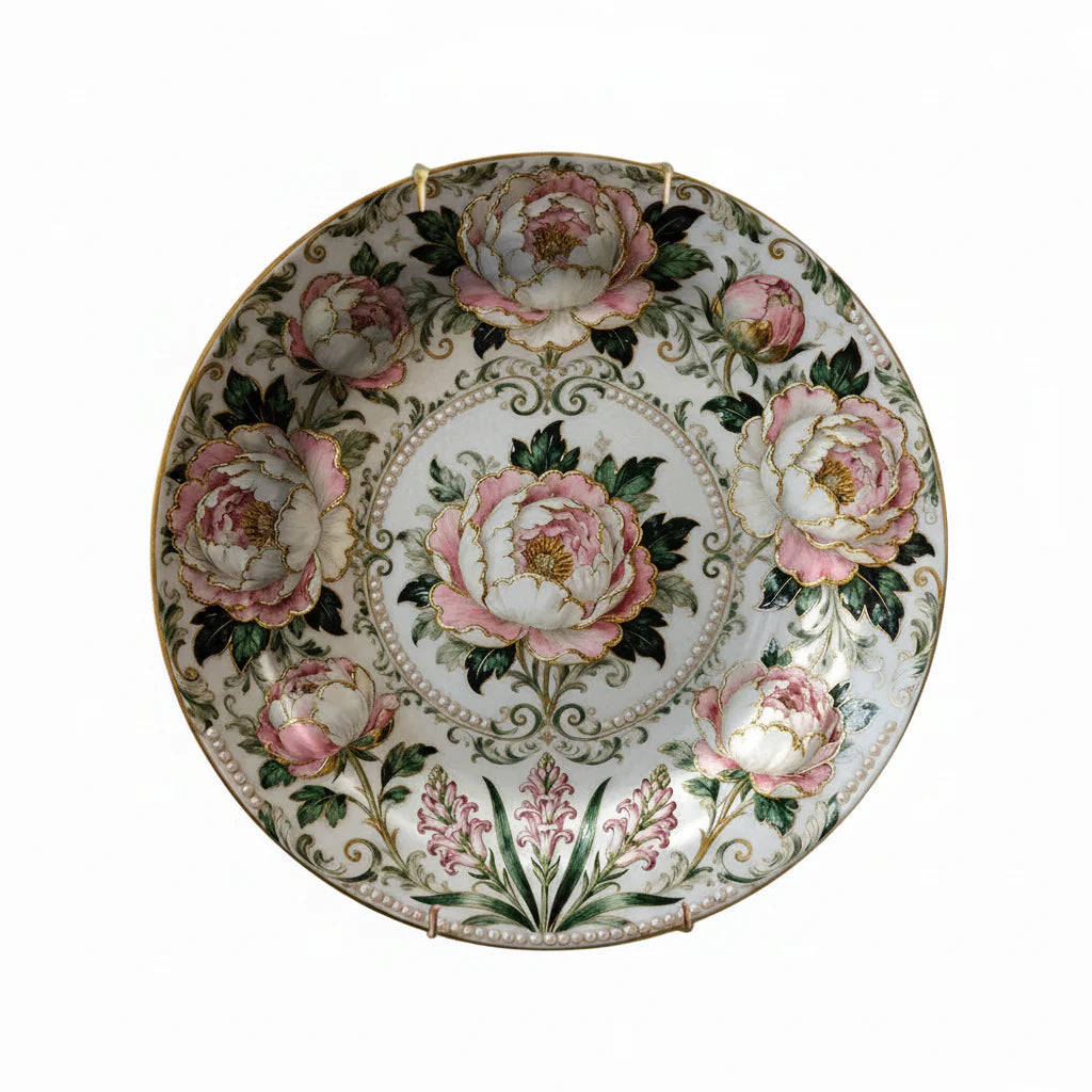 Pink Peony & Gold Floral Ceramic Wall Plate