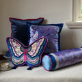 Chinoiserie Butterfly Purple & Blue Velvet Embroidered Throw Pillow