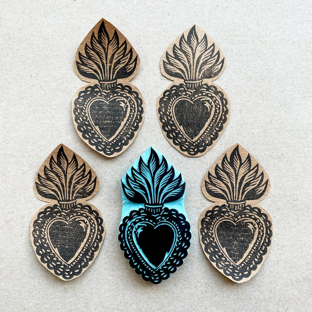 Sacred heart with flames rubber stamp